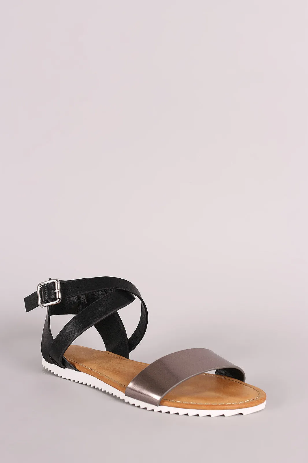 Bamboo Colorblock Crisscross Ankle Strap Lug Sole Flat Sandal