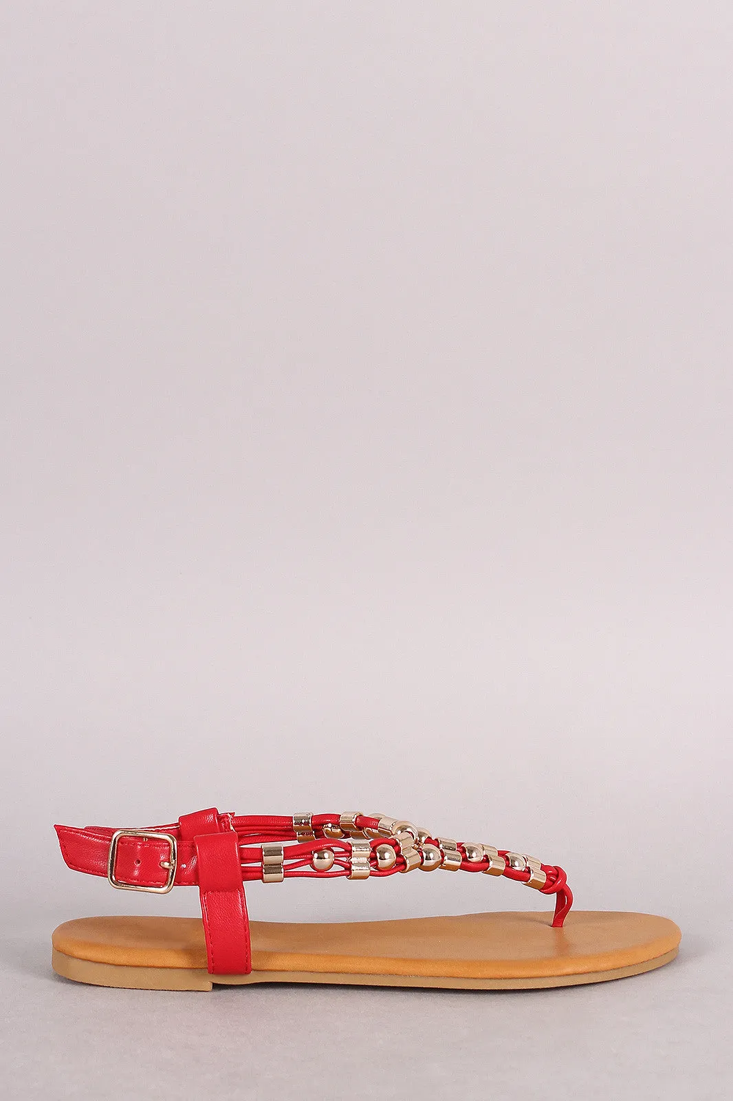Bamboo Metal Ornament T-Strap Thong Flat Sandal