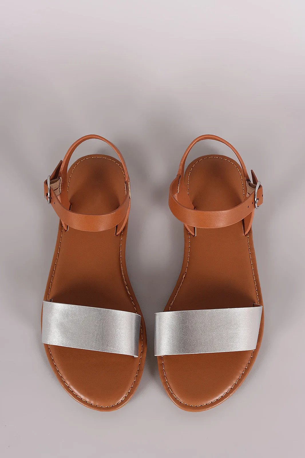 Bamboo Two Tone Ankle Strap Flat Sandal