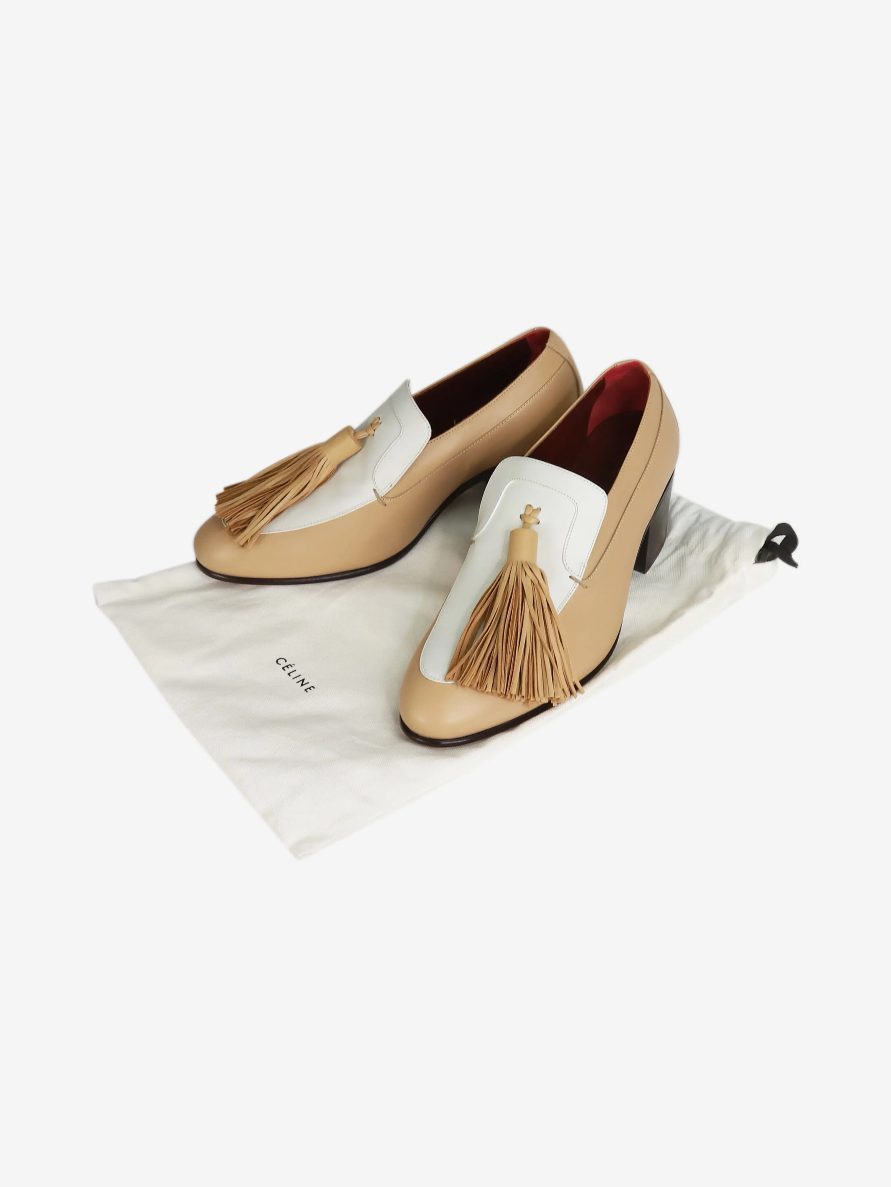 Beige leather tassel heeled loafers - size EU 38.5