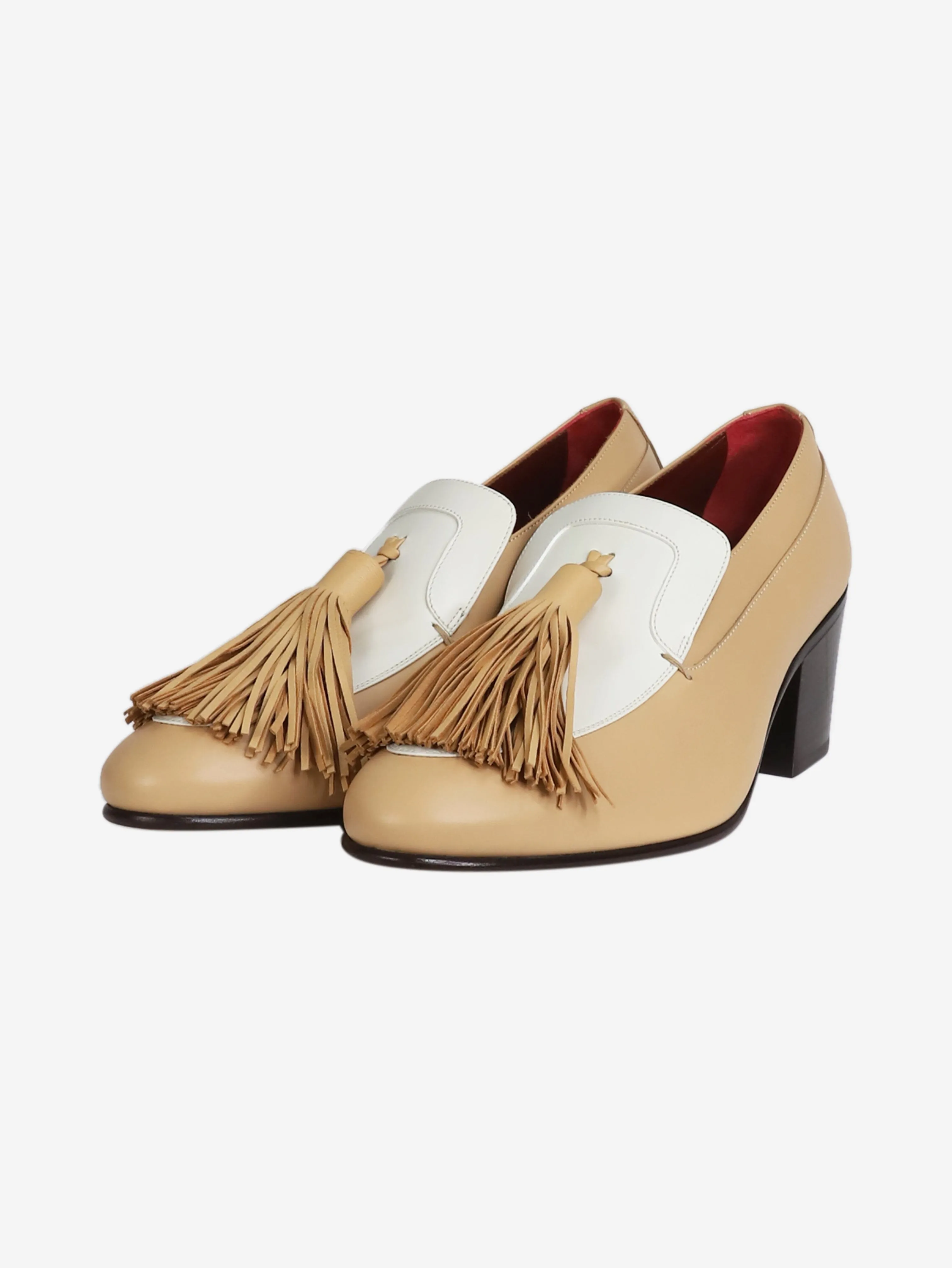 Beige leather tassel heeled loafers - size EU 38.5