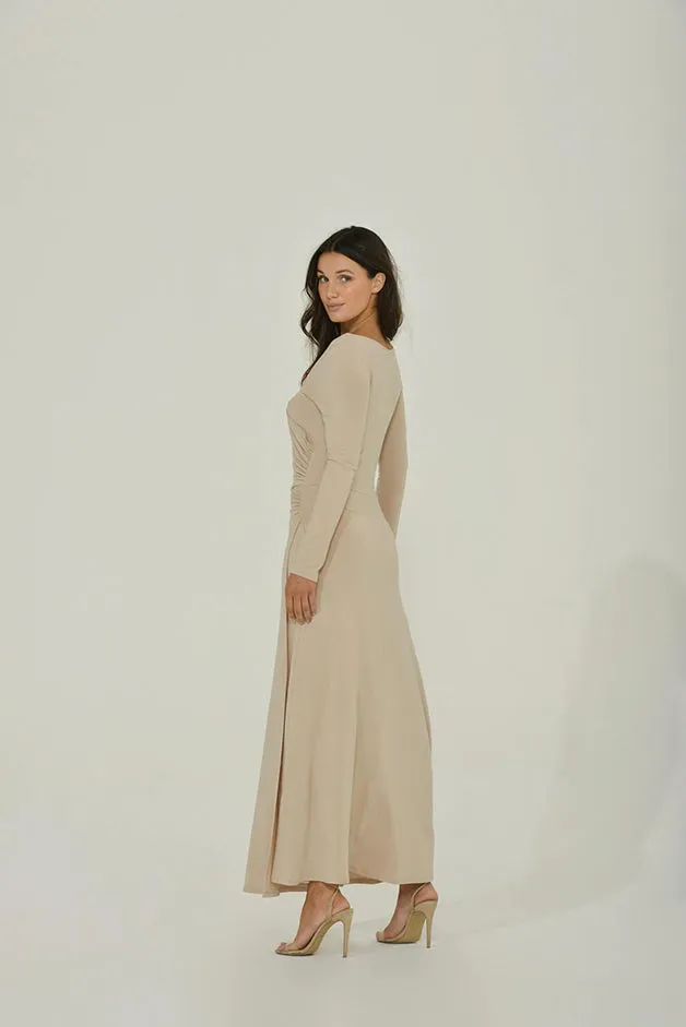 Beige Long Sleeve Maxi Dress w/ High Slit