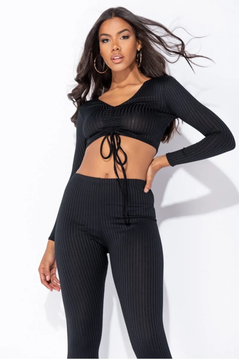 Black Rib knit Tie Front Lounge set
