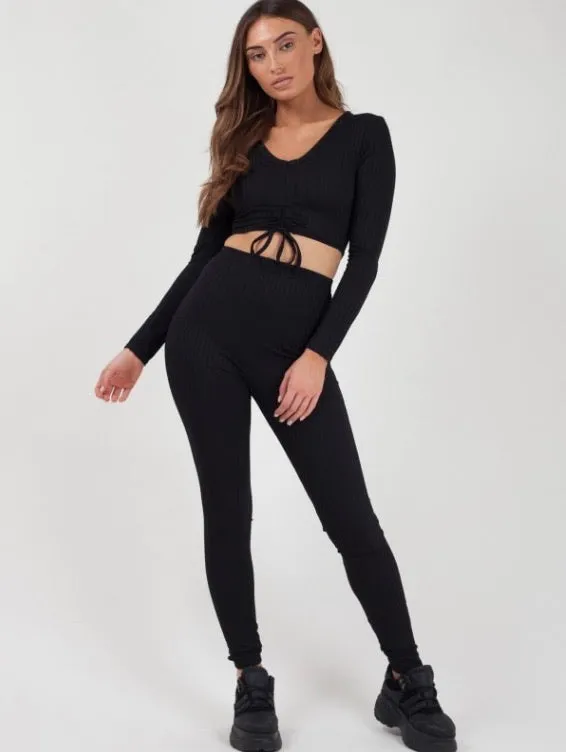 Black Rib knit Tie Front Lounge set