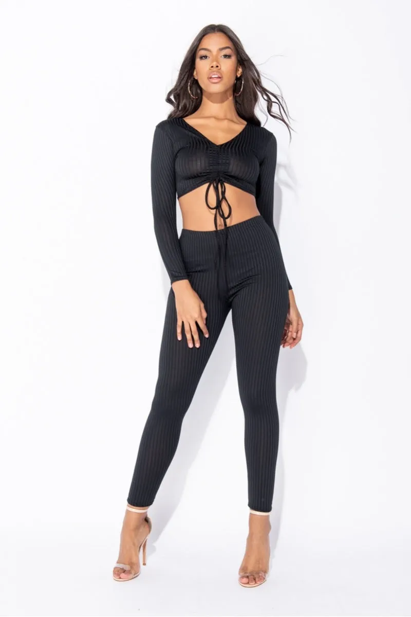 Black Rib knit Tie Front Lounge set