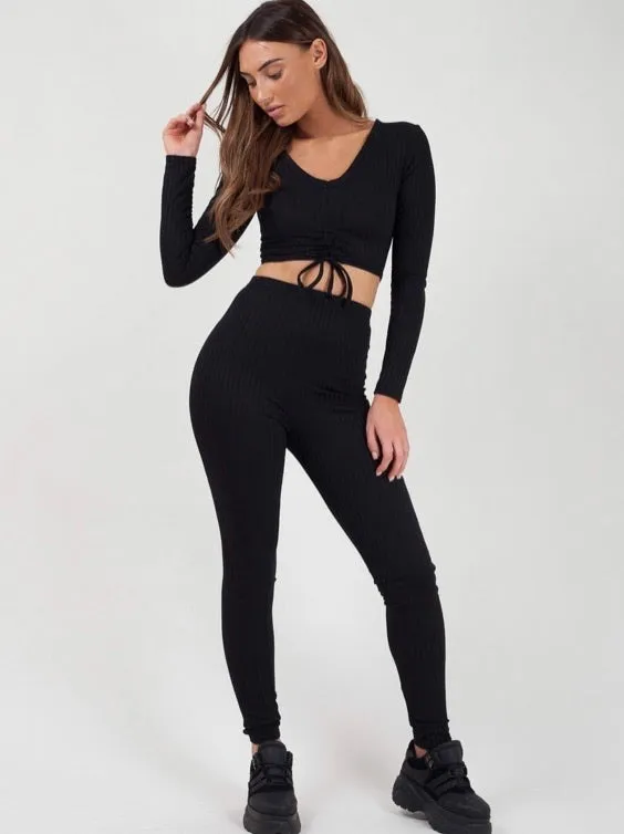 Black Rib knit Tie Front Lounge set