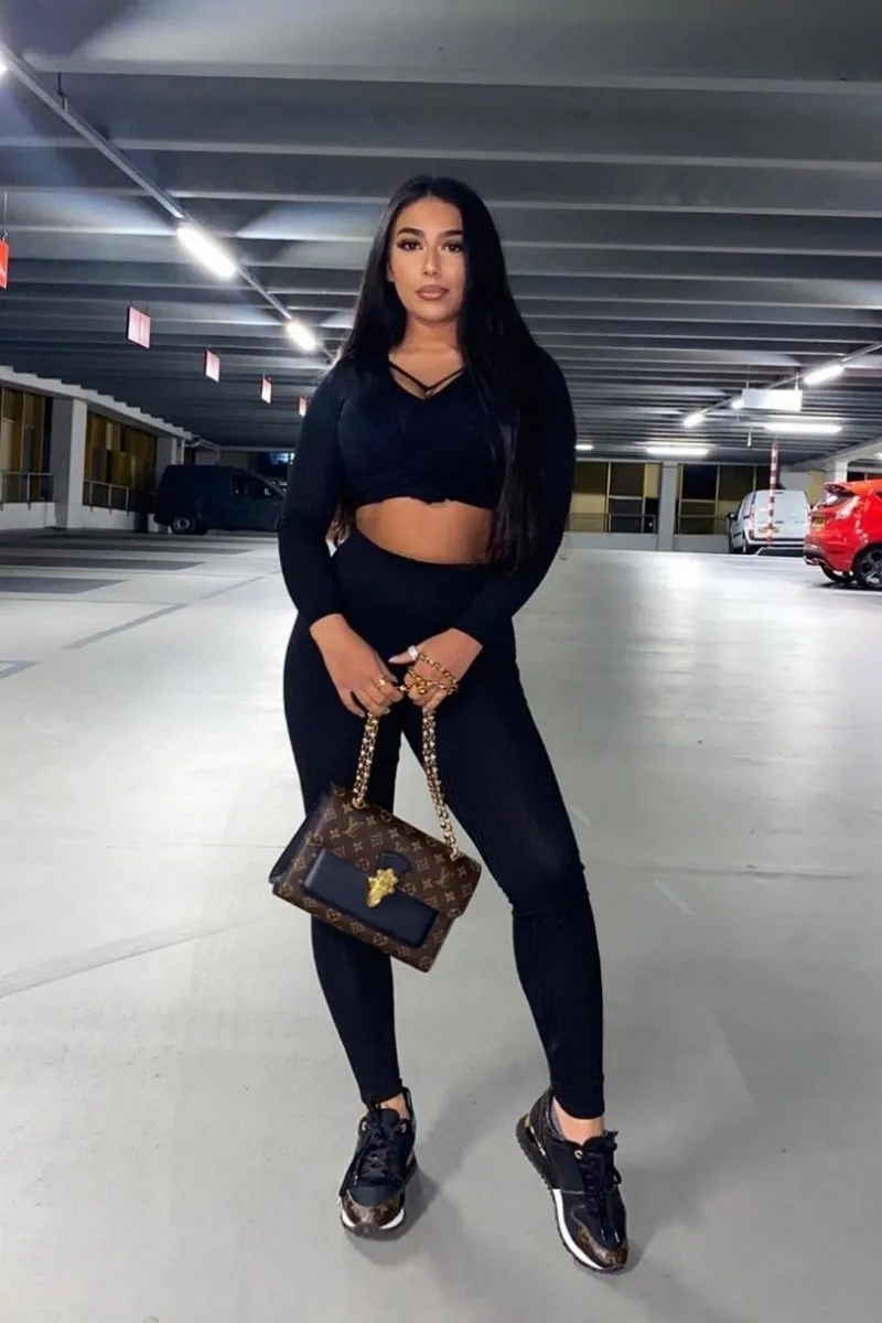 Black Rib knit Tie Front Lounge set