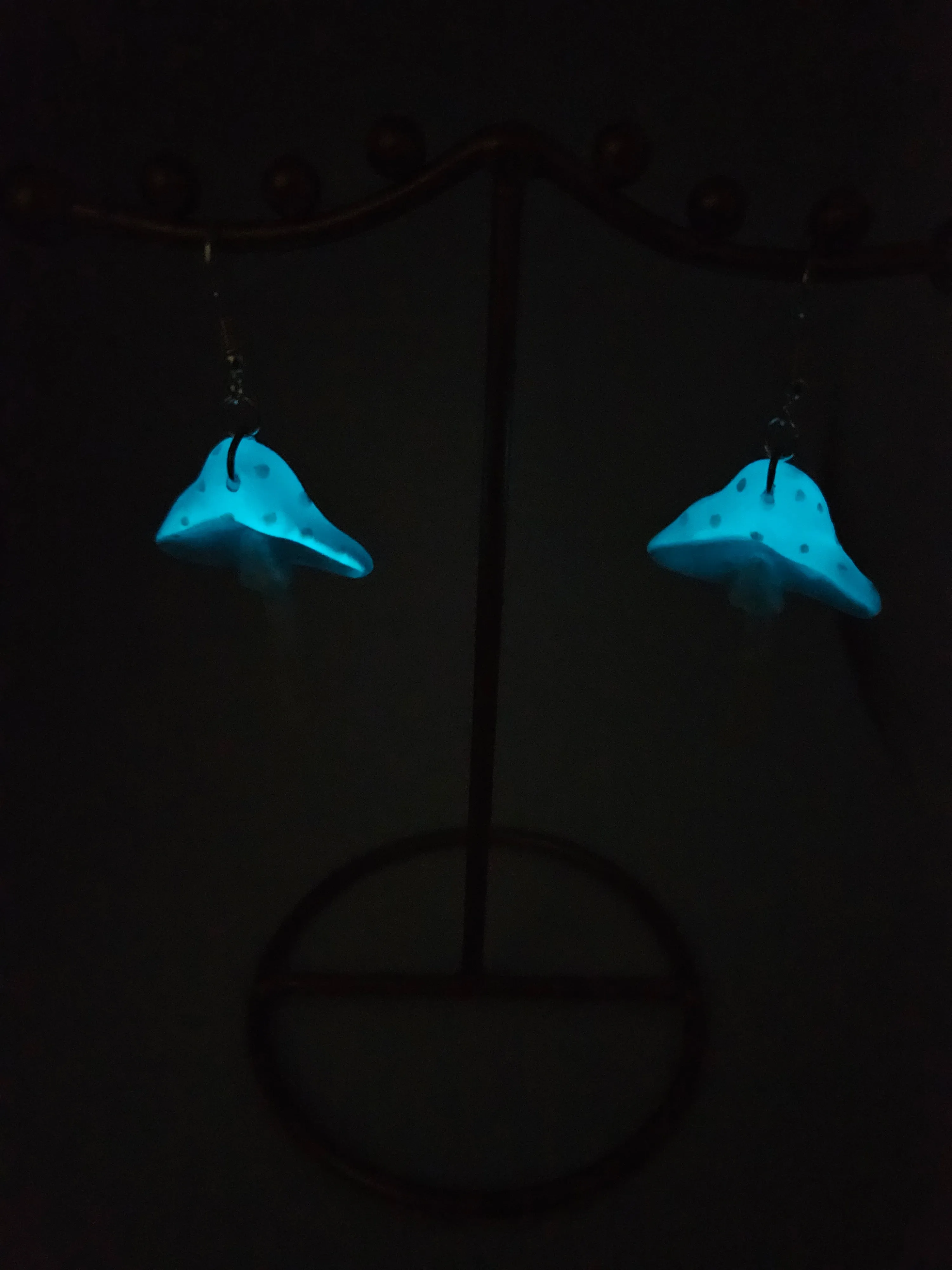 Blue Polka Dotted Glow-in-the-Dark Mushroom Earrings
