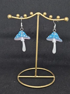 Blue Polka Dotted Glow-in-the-Dark Mushroom Earrings