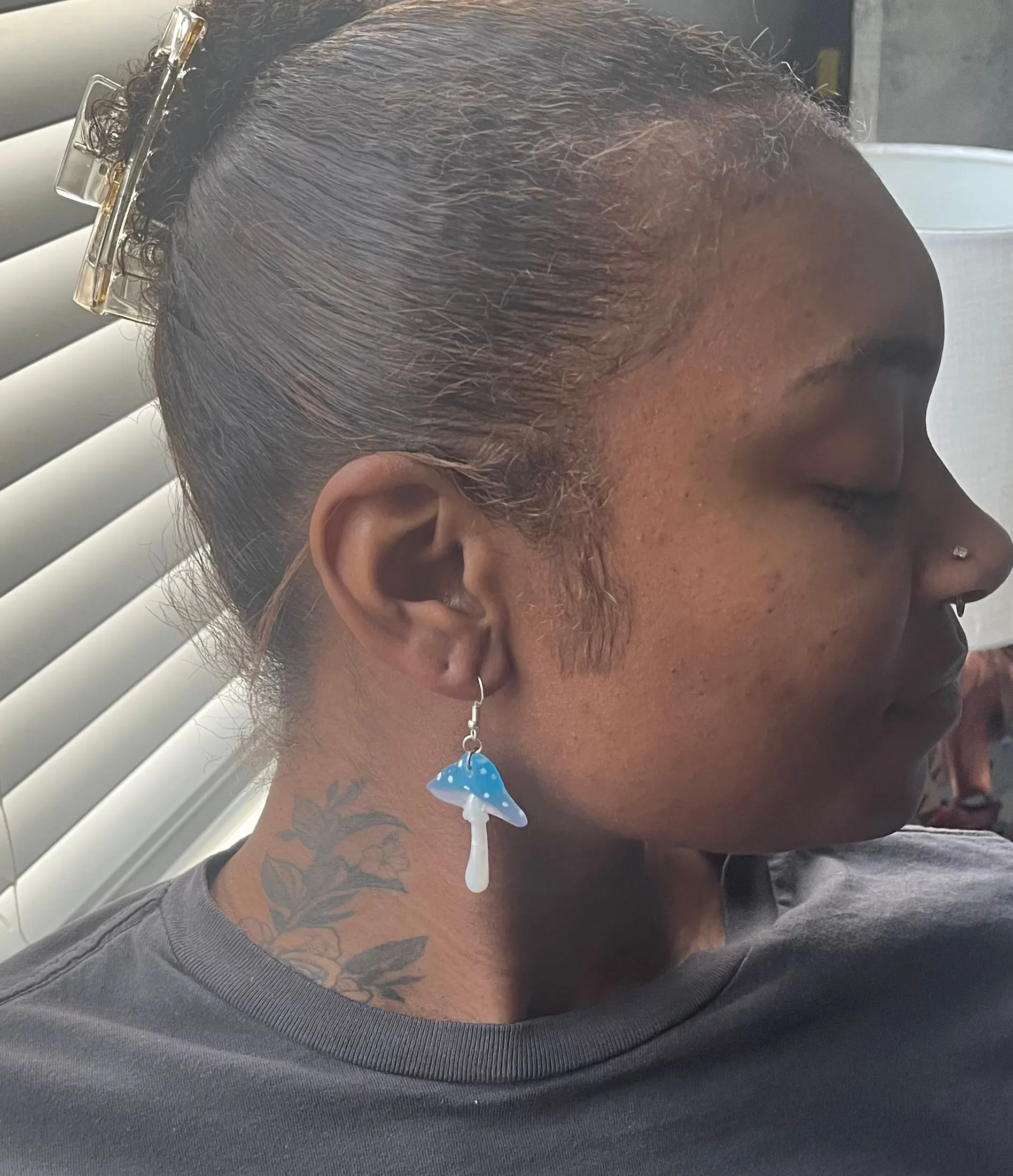 Blue Polka Dotted Glow-in-the-Dark Mushroom Earrings