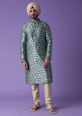 Blue Printed Kurta Set In Silk With Golden Buttis