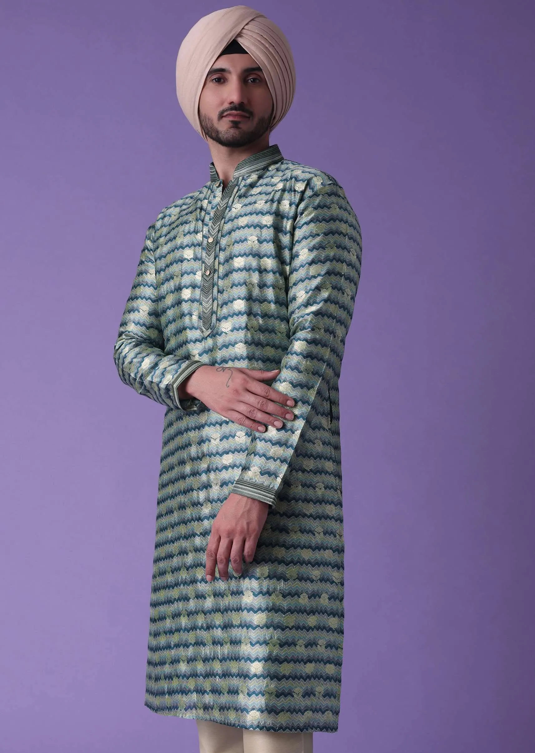 Blue Printed Kurta Set In Silk With Golden Buttis