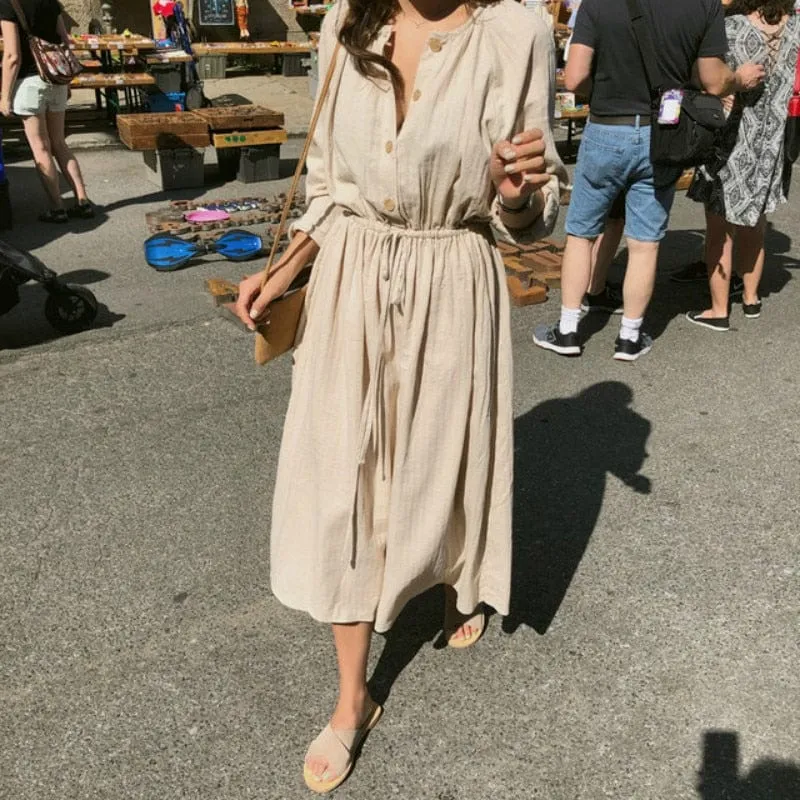 Cotton and Linen Solid Modest Dress