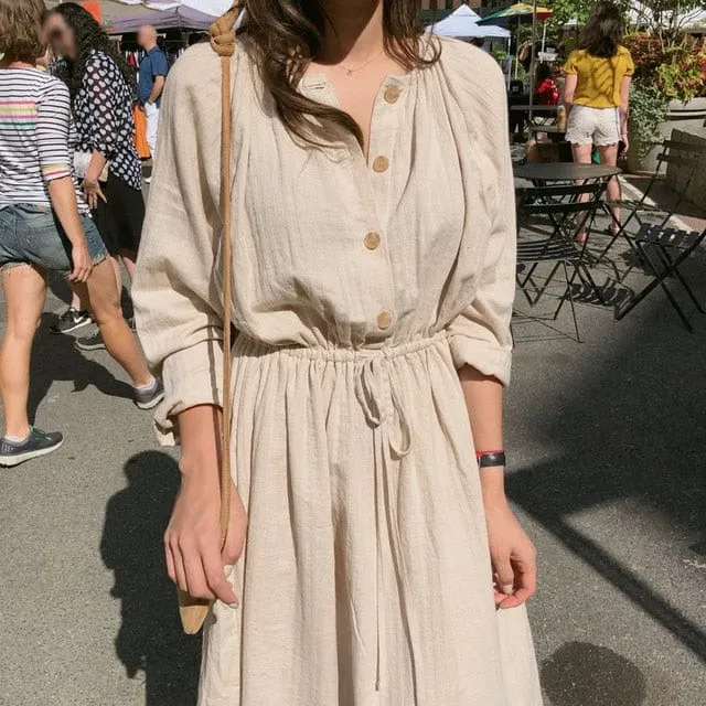 Cotton and Linen Solid Modest Dress