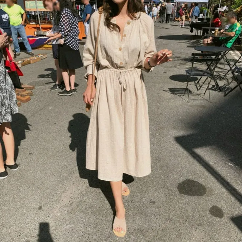 Cotton and Linen Solid Modest Dress