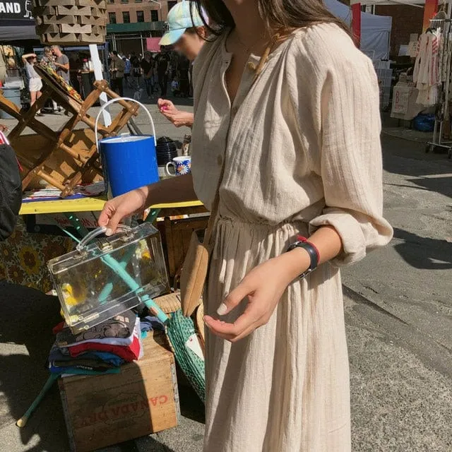 Cotton and Linen Solid Modest Dress
