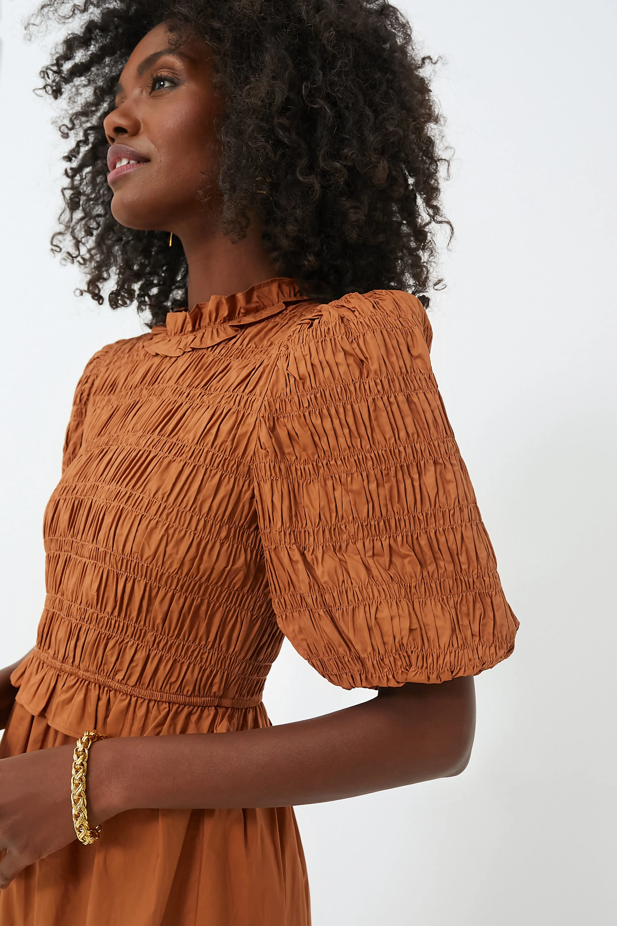 Exclusive Caramel Bubble Sleeve Smocked Midi Dress