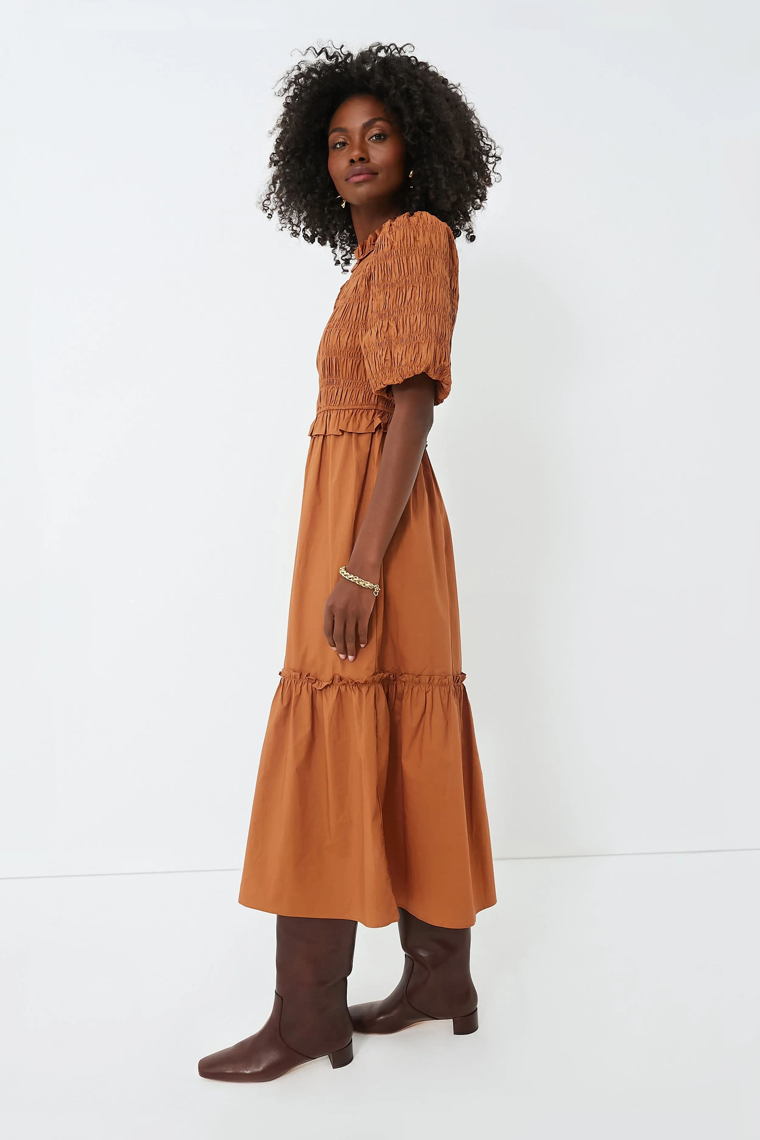 Exclusive Caramel Bubble Sleeve Smocked Midi Dress