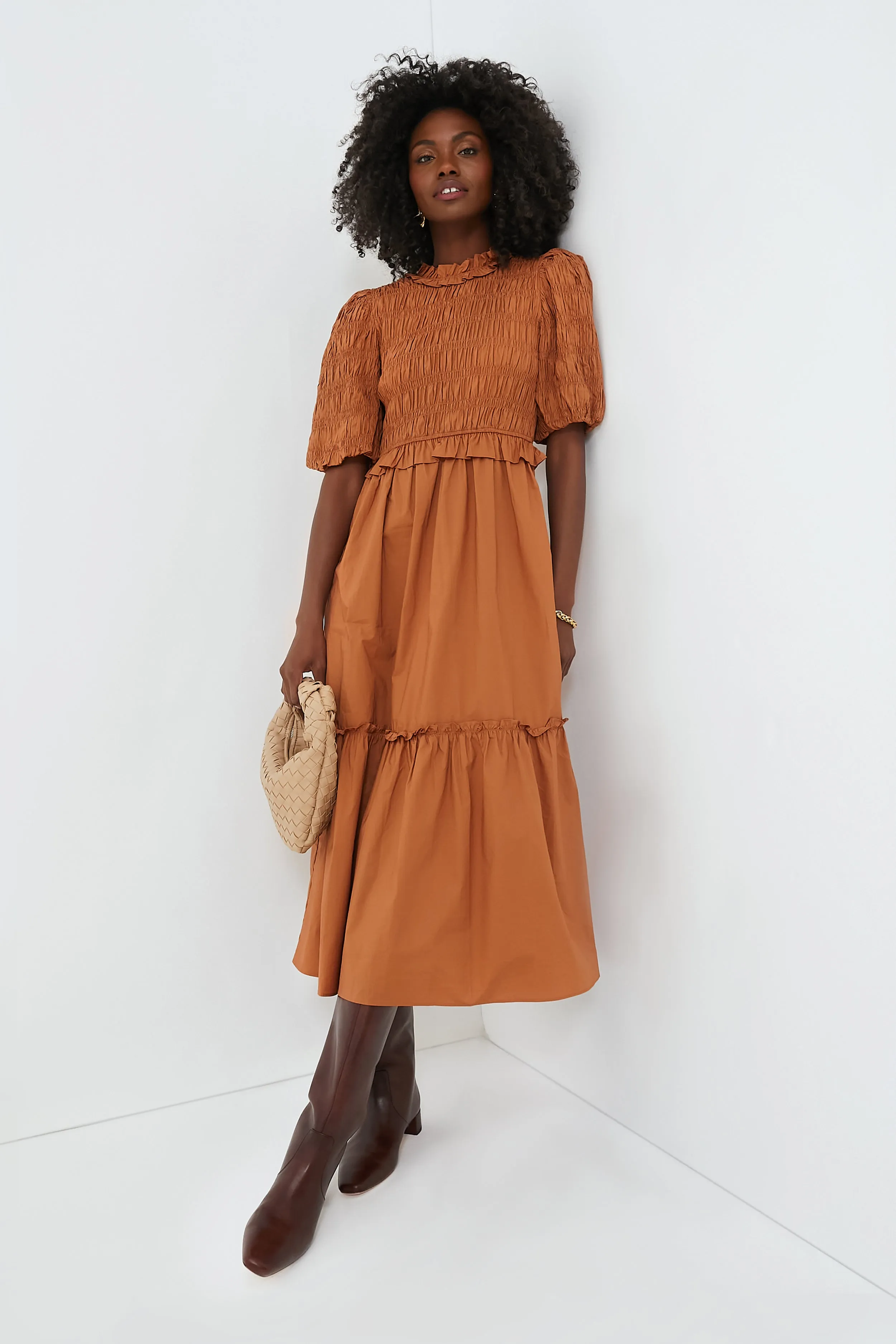 Exclusive Caramel Bubble Sleeve Smocked Midi Dress