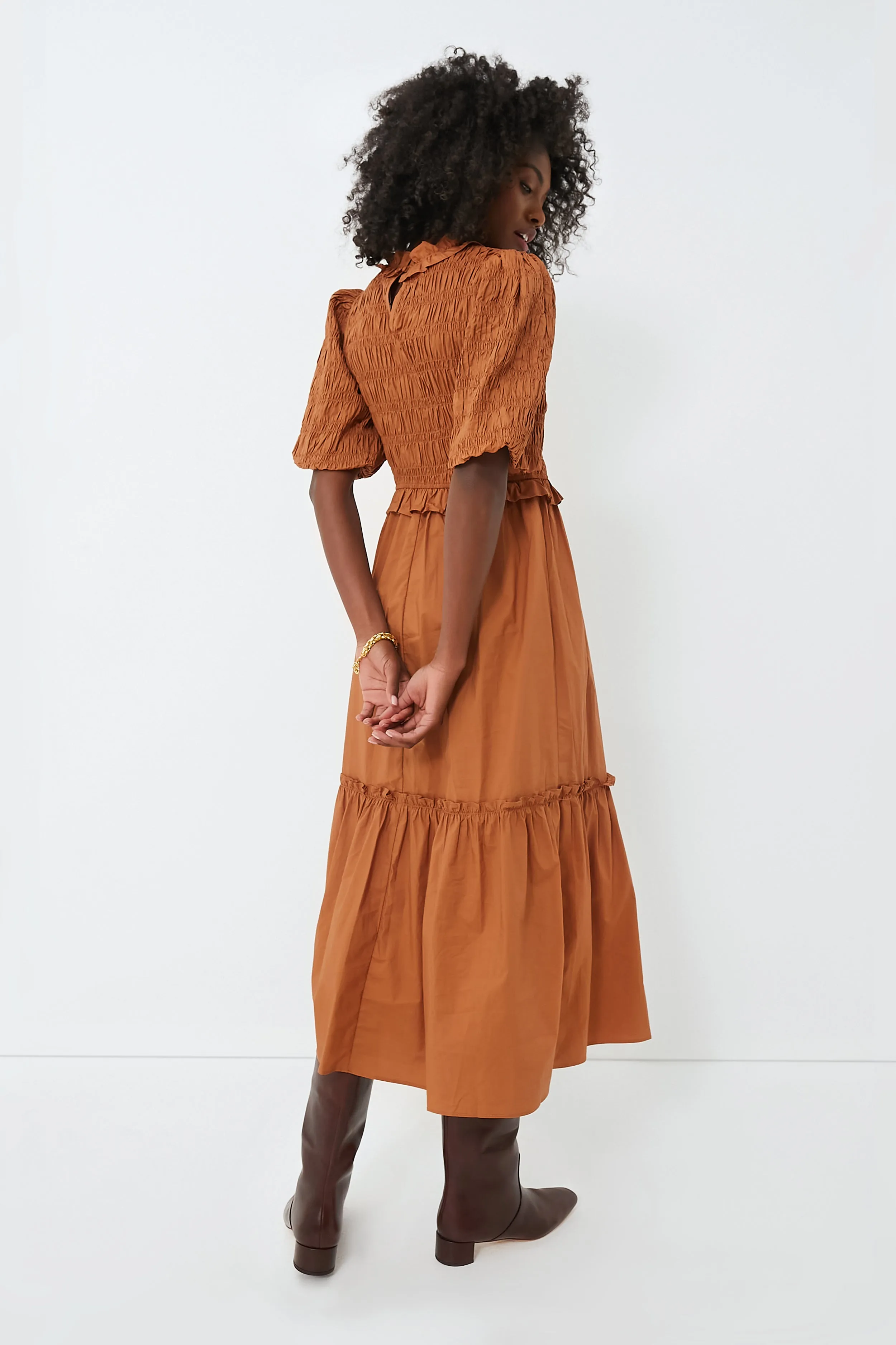 Exclusive Caramel Bubble Sleeve Smocked Midi Dress