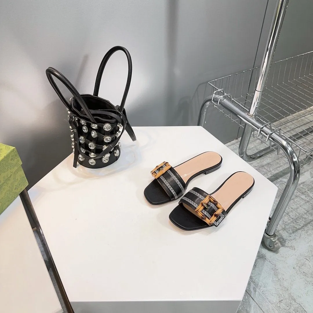 GG BAMBOO BUCKLE FLAT SANDALS BLACK
