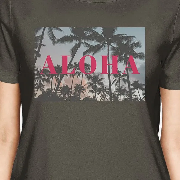 Hawaii Sunset Aloha Womens Dark Grey Cool Summer Short Sleeve Shirt