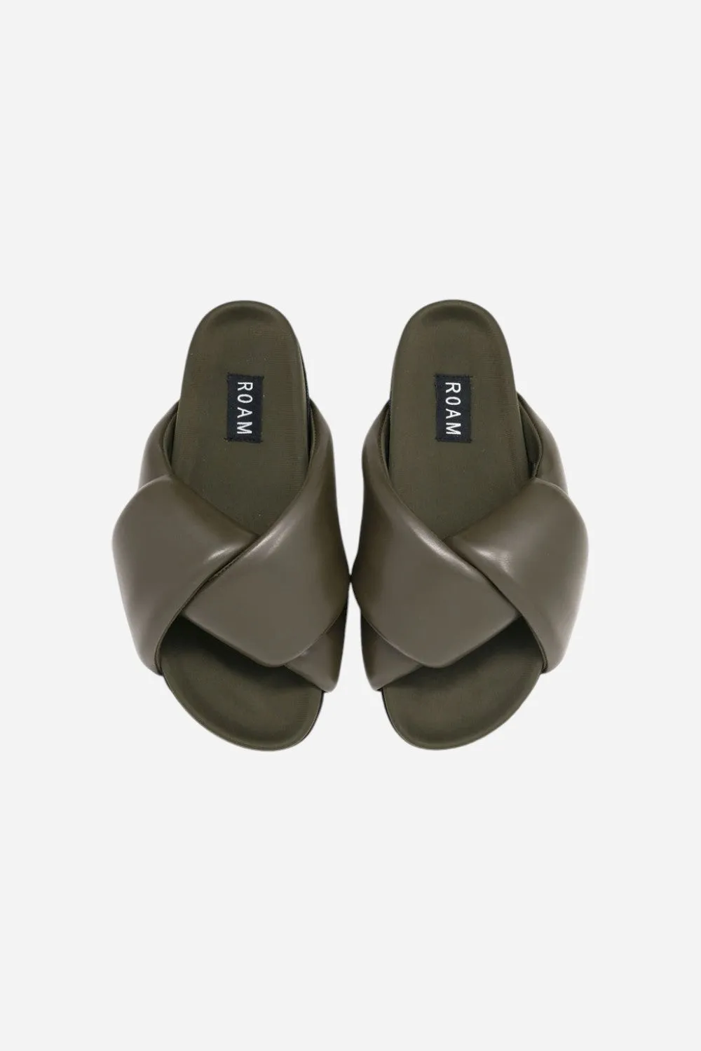 Roam Foldy Puffy Sandals in Khaki Vegan Leather