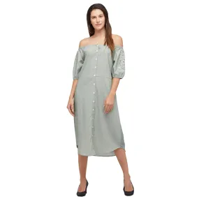 Sage Green Off Shoulder Dress With Embroidered Sleeves