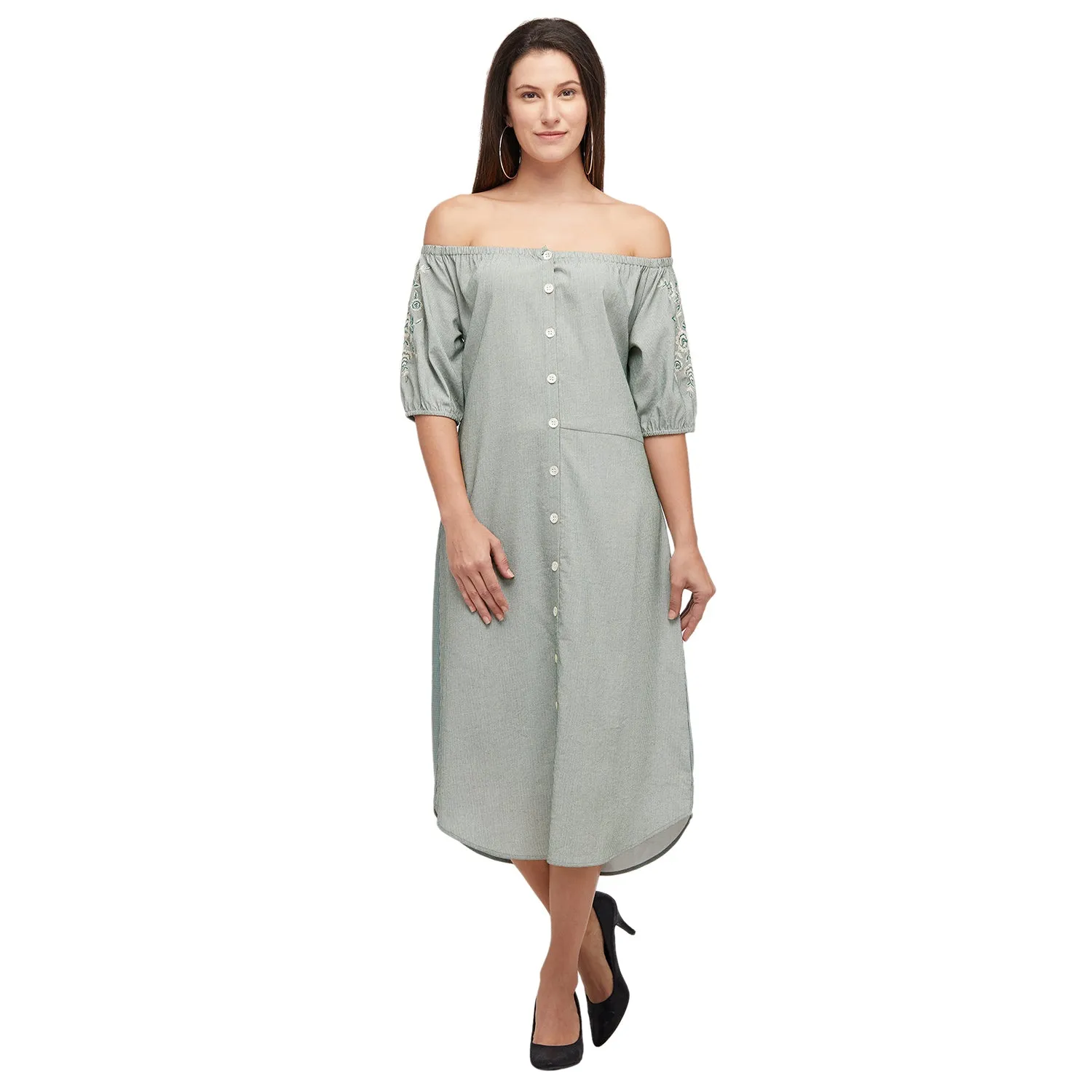 Sage Green Off Shoulder Dress With Embroidered Sleeves