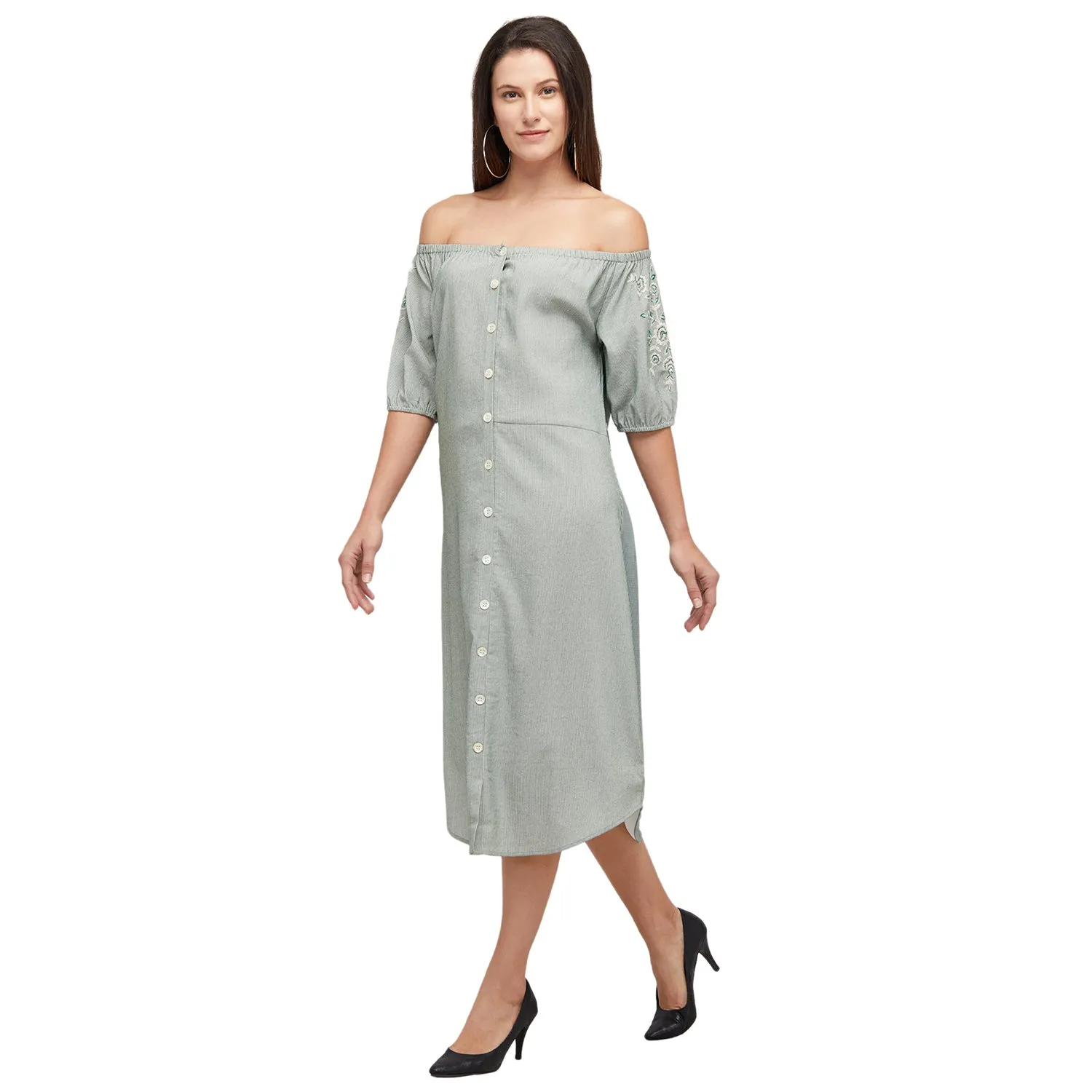 Sage Green Off Shoulder Dress With Embroidered Sleeves