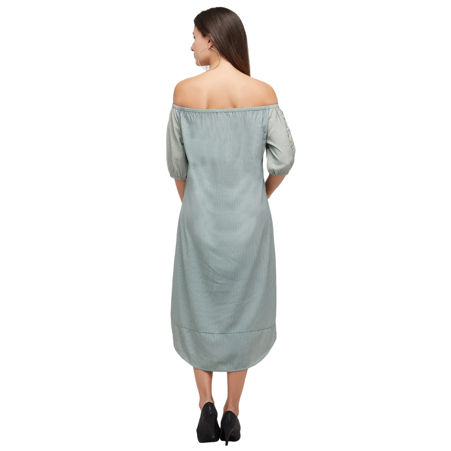 Sage Green Off Shoulder Dress With Embroidered Sleeves