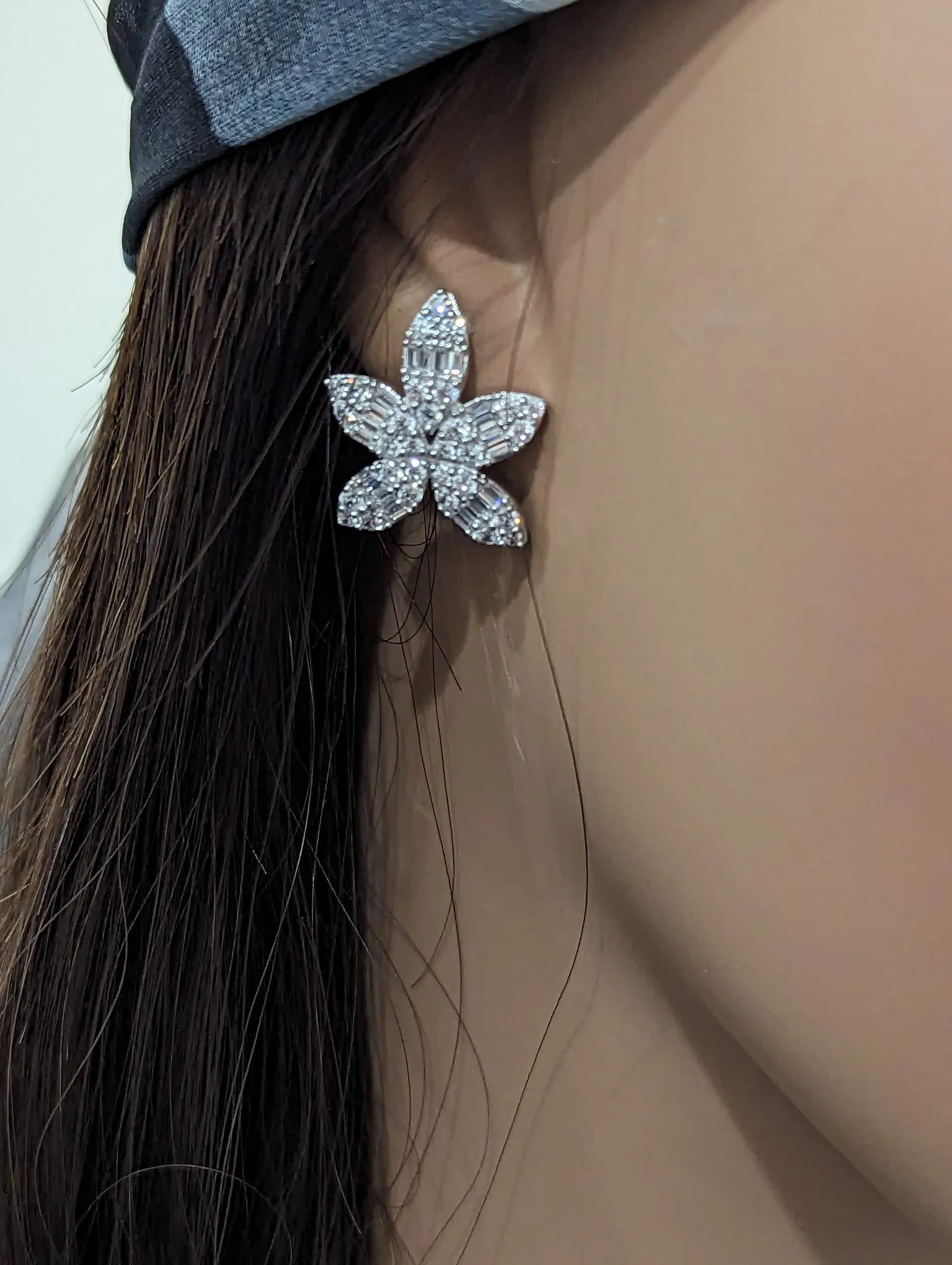 Sterling Silver Large CZ Flower Stud Earring