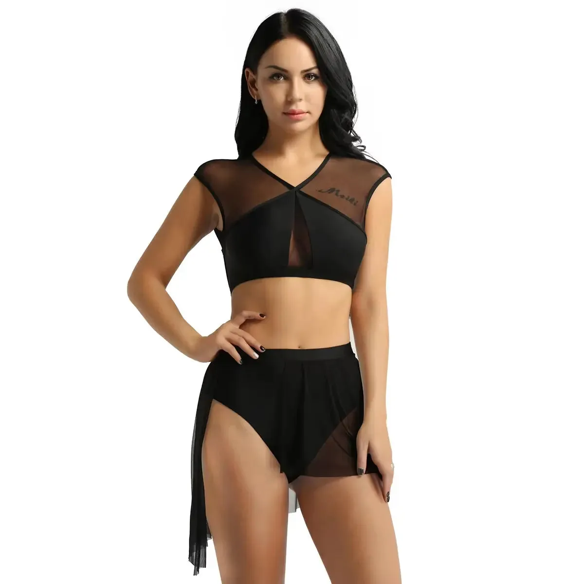 Women Asymmetrical Ballet Tutu Dancewear Female Mesh Splice Crop Top with Leotard Skirt Stage Lyrical Dance Costumes Set