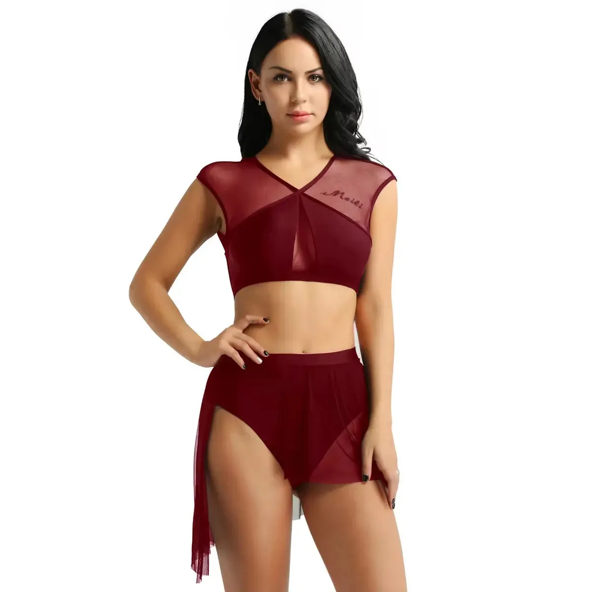 Women Asymmetrical Ballet Tutu Dancewear Female Mesh Splice Crop Top with Leotard Skirt Stage Lyrical Dance Costumes Set