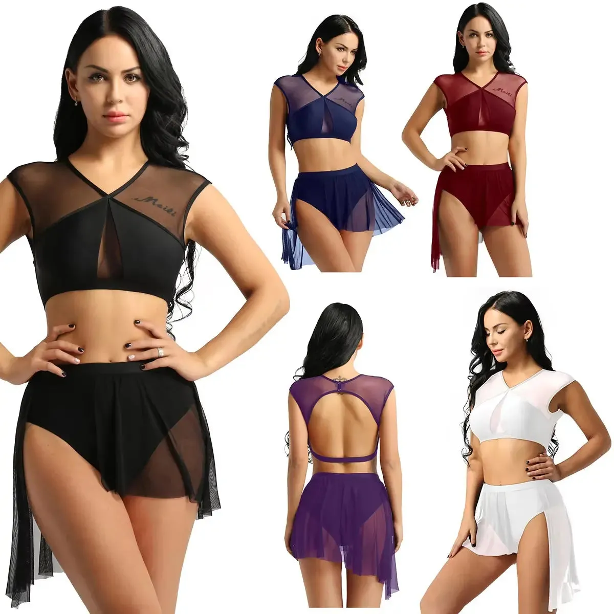 Women Asymmetrical Ballet Tutu Dancewear Female Mesh Splice Crop Top with Leotard Skirt Stage Lyrical Dance Costumes Set