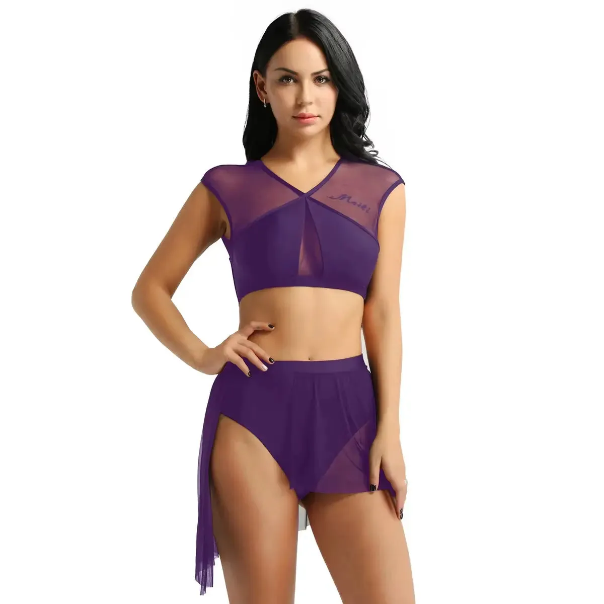 Women Asymmetrical Ballet Tutu Dancewear Female Mesh Splice Crop Top with Leotard Skirt Stage Lyrical Dance Costumes Set