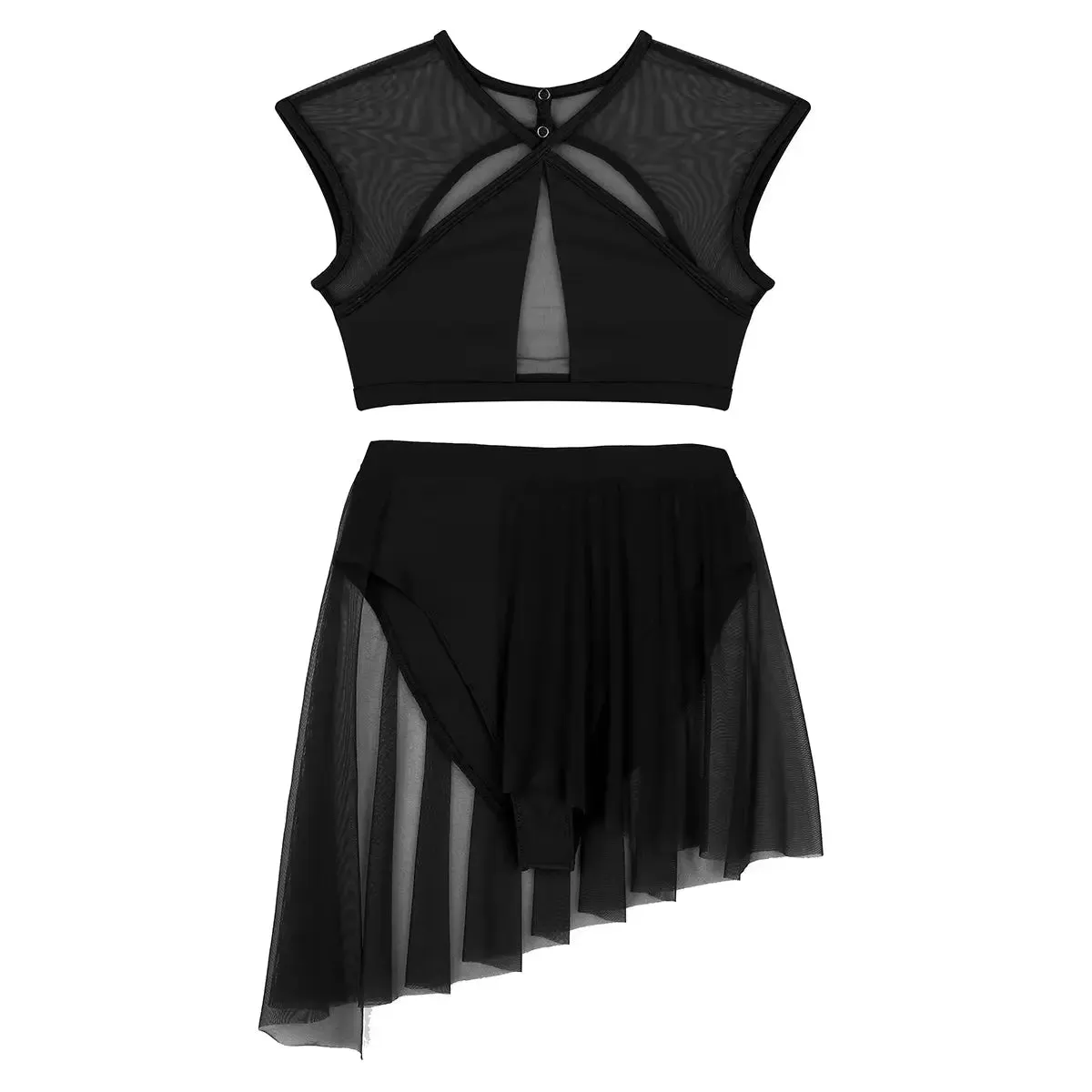 Women Asymmetrical Ballet Tutu Dancewear Female Mesh Splice Crop Top with Leotard Skirt Stage Lyrical Dance Costumes Set