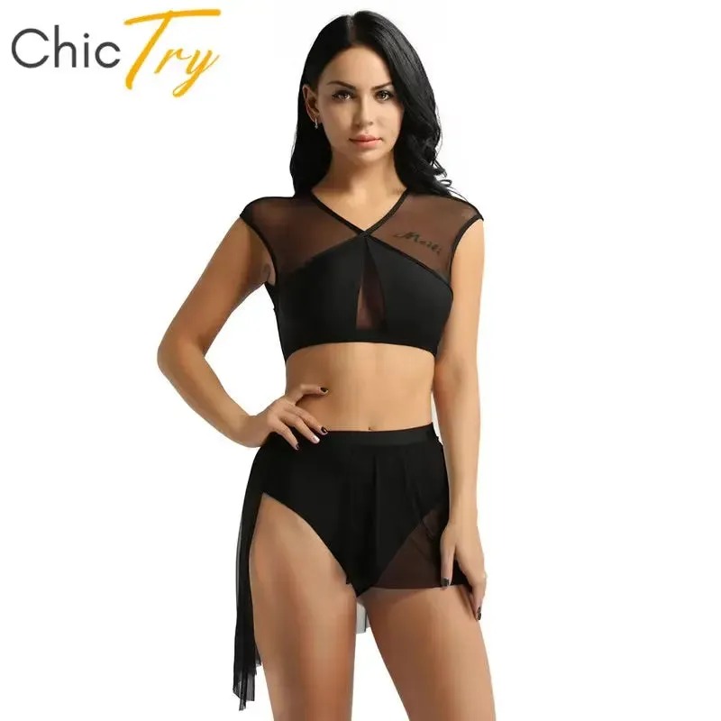 Women Asymmetrical Ballet Tutu Dancewear Female Mesh Splice Crop Top with Leotard Skirt Stage Lyrical Dance Costumes Set