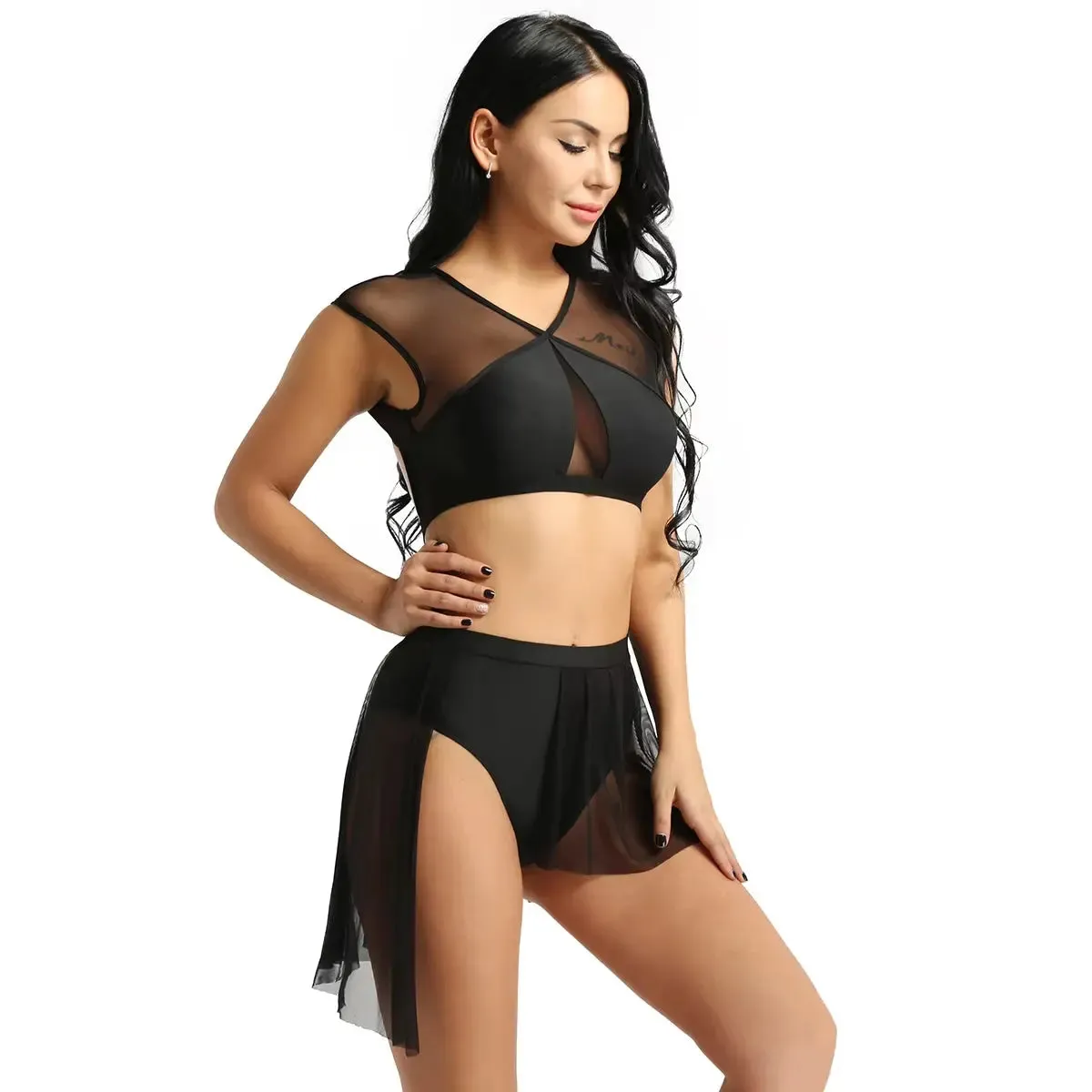 Women Asymmetrical Ballet Tutu Dancewear Female Mesh Splice Crop Top with Leotard Skirt Stage Lyrical Dance Costumes Set