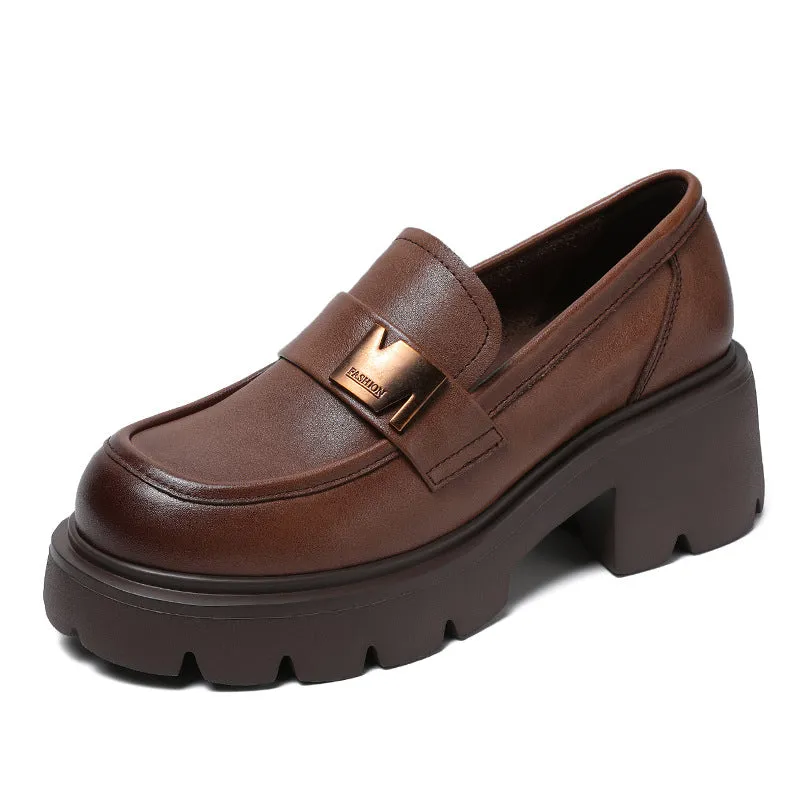 Women Retro Leather Casual Chunky Heel Loafers
