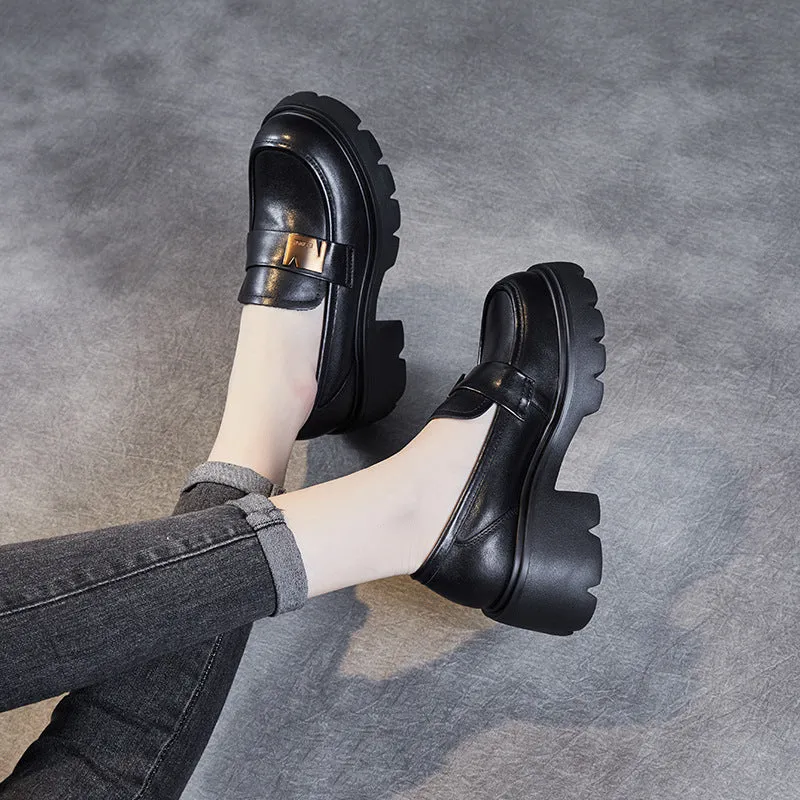 Women Retro Leather Casual Chunky Heel Loafers