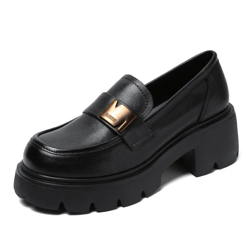 Women Retro Leather Casual Chunky Heel Loafers