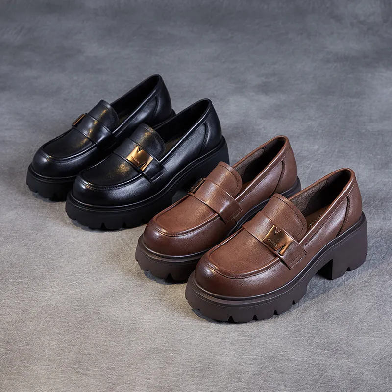 Women Retro Leather Casual Chunky Heel Loafers