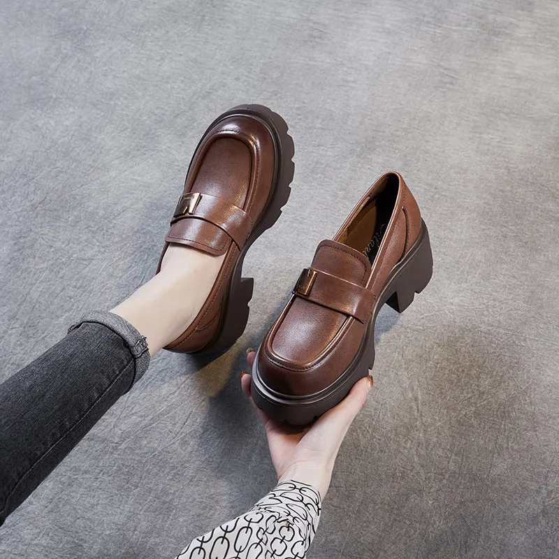 Women Retro Leather Casual Chunky Heel Loafers