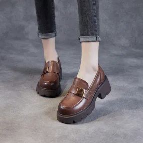 Women Retro Leather Casual Chunky Heel Loafers