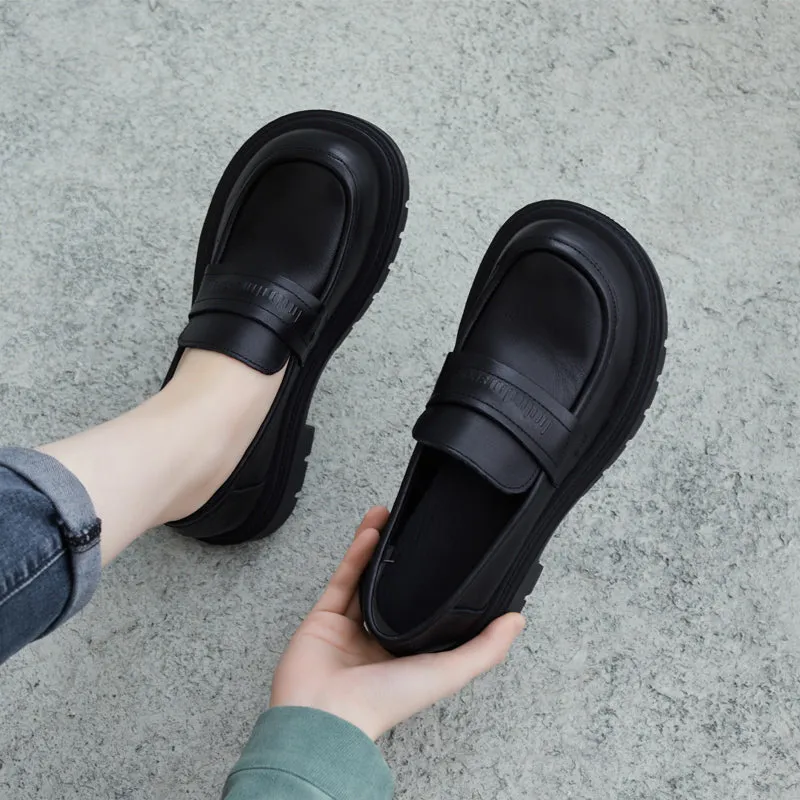Women Retro Leather Lug Sole Loafers