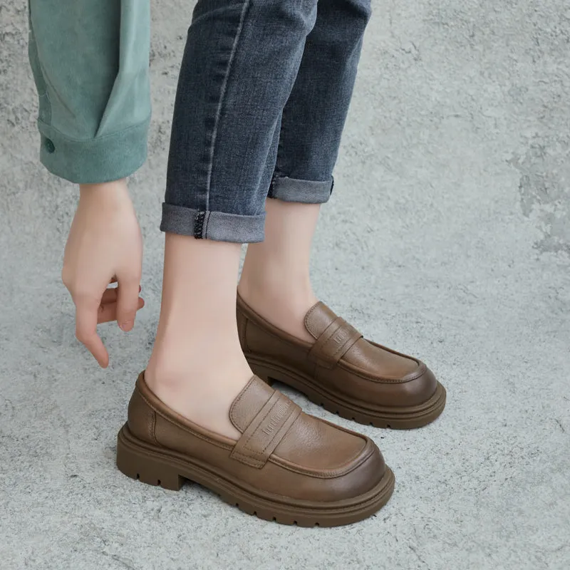 Women Retro Leather Lug Sole Loafers