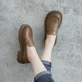 Women Retro Leather Lug Sole Loafers