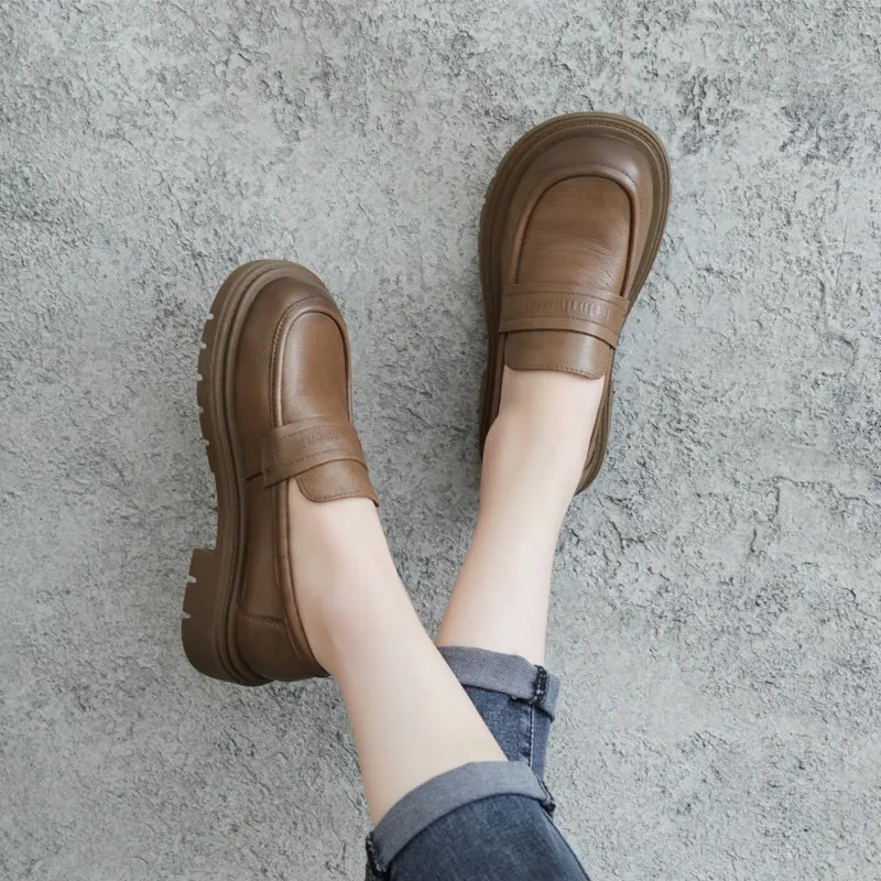 Women Retro Leather Lug Sole Loafers