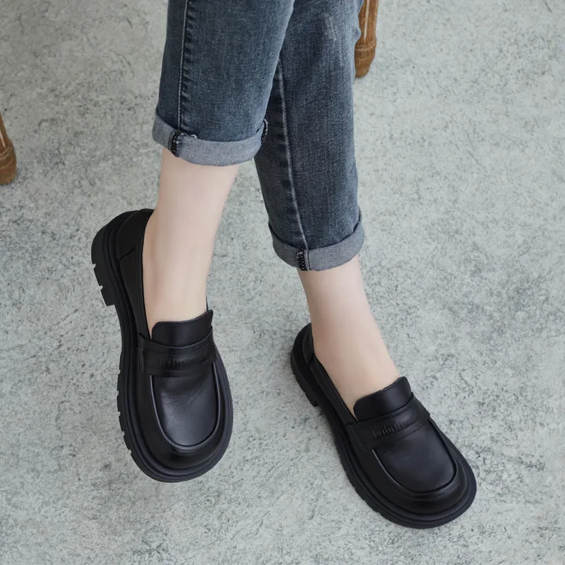 Women Retro Leather Lug Sole Loafers